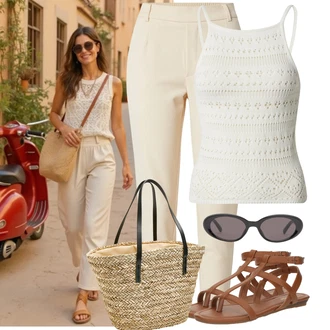 Outfit s Krémová/Červená/Bílá/Béžová/Khaki Pletený top/Krajkované tričko/Krajkový Top/Pánské boty Edited "Volnočasový Outfit"