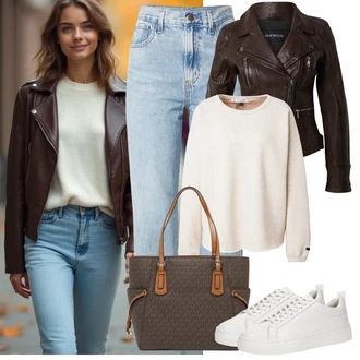 Biker outfit mit Temno rjava/Siva/Rjava Vintage Usnjena Jakna/Motoristična jakna/Usnjena Jakna/Motoristična jakna Oakwood "udoben jesenski videz"