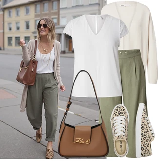 Outfit s Tmavě zelená/Khaki/Zelená Culotte Kalhoty/Široká Kalhoty/Palazzo Kalhoty/Tradiční Kalhoty/Lněné Kalhoty/Mušelínové kalhoty Only "Výrazný letní vzhled"