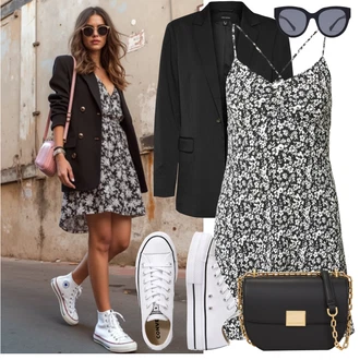 Outfit s Šedá/Bílá/Modrá/Zelená/Krémová/Hnědá/Růžová Šaty Na Ramínko/Plážové Šaty/Šaty S Potiskem/Šaty na tenké ramínko/Mini Šaty/Podvazkové šaty/Žerzejové Šaty/Letní Šaty About You "Vzhled casual"