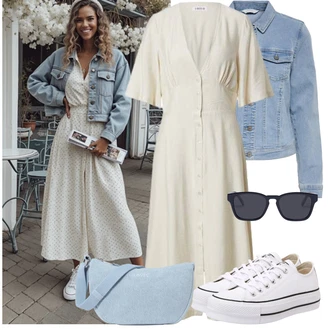 Léto Outfit s Světle modrá/Modrá Krátké Džínové Bundičky/Džínové Bund Only, Hnědá/Bílá/Krémová/Béžová/Khaki Košilové šaty/Halenkové Šaty/Společenské šaty pro hosta/Občanské šaty Edited "Vzhled casual"