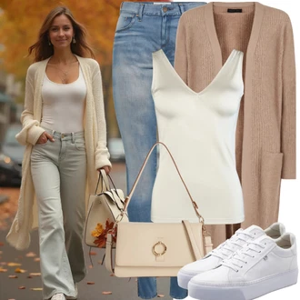 outfit mit Bež/Bela Pletenina Volnena jopica/Zimski kardigan/Dolge jopice/Podložen pleteni jopič/Trachten Jopica Fobya "Bežni prosti pogled"