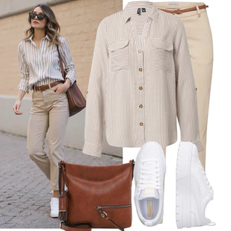 Šik Narozeniny Outfit s Béžová/Khaki Kalhoty se Štěrbinou/Úzká Kalhoty/Ležérní Kalhoty/Obleková Kalhoty/Twillová Kalhoty/Business Kalhoty/Kalhoty s Vysokým Pasem/Skinny Kalhoty B.young "Hezký outfit pro volný čas"Look: Šik, Elegantní, Kancelář, Old Money, Venkovní, Chytrý příležitostný, Bar, 30. narozeniny, Den na pláži, Koncert, Firemní večírek, Chatky, Den matek, Škola, 40. narozeniny, Narozeniny, 18. narozeniny
