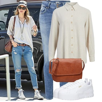 Zapínání na knoflíky Outfit s Khaki/Bílá Halenka Blůza s knoflíčkem/Manšestrová Halenka/Dlouhá Halenka/Lněná Halenka/Halenka s Dlouhým Rukávem Object "Hezký outfit pro volný čas"