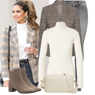 Léto Outfit s Hnědá/Béžová Kožená Pánská Bund/Kostkované Sako/Tvídové Sako/Kožená bunda pro muže/Kožená bunda Lascana "Cool podzimní outfit"