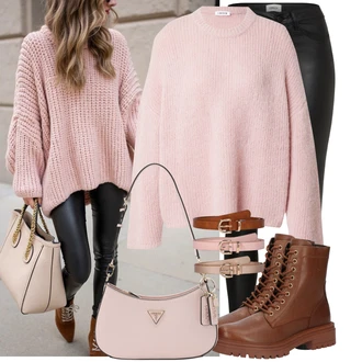 Outfit s Růžová Bagetová taška/Klasická Taška Přes Rameno/Taška Přes Rameno/Dopisová peněženka/Brašna/Sportovní Taška Přes Rameno Guess "Cool podzimní outfit"