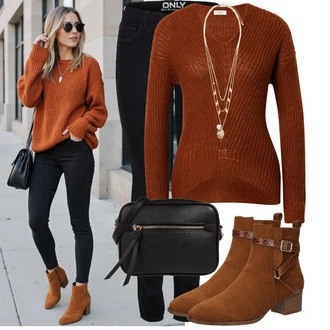 Outfit s Hnědá/Oranžová Basic Svetr/Svetr z Jemné Pleteniny/Kašmírový Svetr/Pletený Svetr/Mohair Pullover/Jednoduchý Svetr/Vlněný Svetr/Svetr s Výstřihem/Svetr Niki JdY "Cool podzimní outfit"