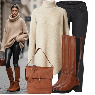 Narozeniny Podzim Outfit s Hnědá/Béžová/Khaki Kašmírový Svetr/Kašmírový Svetr/Mohair Pullover/Rolák/Vlněný Svetr/Svetr s límečkem Pieces "Cool Podzimní outfit"Look: 60. narozeniny, Koncert, Chatky, Den matek, Škola, Zvláštní příležitosti, Narozeniny