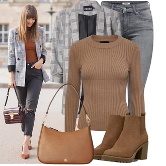 Outfit s Šedá/Béžová/Světle šedá Dlouhý Sako/Oversize Sako/Boyfriend Sako/Kostkované Sako Pieces "Cool podzimní outfit"