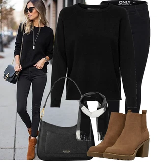 Muzikály Outfit s Černá/Bílá/Tmavě šedá Šál About You "Cool podzimní outfit"Look: Volný čas, Muzikály