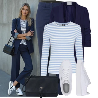 Plavání Outfit s Světle modrá/Modrá Pruhované Tričko Pieces "Krásný outfit do kanceláře"Look: Plavání, Bowling