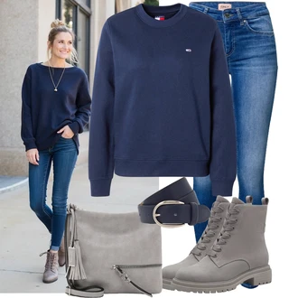 Moderní Outfit s Modrá/Světle modrá Kožená bunda/Džín s Nízkým Pasem/Džíny s Rozparkem/Kožené Boty/Džíny s Nízkým Sedem/Slim Fit Džíny/Push up Džín/Navlékací džíny Only "Krásný outfit do kanceláře"Look: Styl, Cool, Disko, Moderní, Krásný, Old Money, Bezešvé