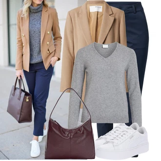 Outfit s Tmavě modrá/Modrá Kalhoty se Štěrbinou/Obleková Kalhoty/Úzká Kalhoty/Skinny Kalhoty/Jeggings/Business Kalhoty/Kalhoty s Vysokým Pasem/Tregíny/Chinos Kaffe "Vkusný podzimní outfit"