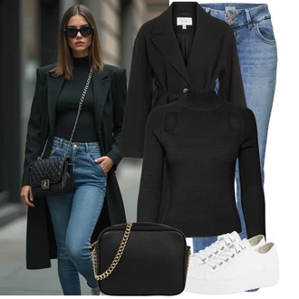 Moderní Matka nevěsty Outfit s Černá Přechodový Kabát/Vlněný kabát/Midi Kabát/Kašmírový Kabát/Trenčkot/Trenčkot/Dlouhý kabát/Letní Kabát/Vlněný Kabát Vila "Krásný outfit do kanceláře"Look: Klasické, Šik, Cool, Francouzské, Moderní, Kancelář, Příliš oblečený, Univerzitní, Old Money