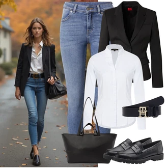 Poletje Za 60 in več outfit mit Črna/Temno modra Poslovna Obutev/Loafer Čevelj/Trotteur/Nizki čevelj s platformo Tamaris "eleganten jesenski videz"