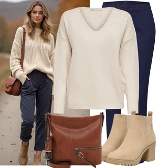 Outfit s Khaki/Bílá/Hnědá/Béžová Basic Svetr/Kašmírový Svetr/Svetr z Jemné Pleteniny/Kašmírový Svetr/Mohair Pullover/Jednoduchý Svetr/Termo Svetr/Svetr s V-výstřihem/Vlněný Svetr Only "Nápadný look na podzim"