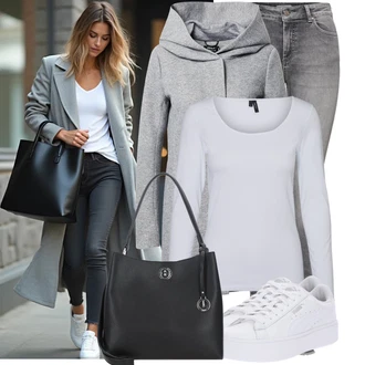 Outfit s Šedá/Krémová/Růžová/Bílá/Fialová/Stříbrný Jednoduchý top/Mužské běžecké boty/Dlouhá košile/Košile s dlouhým rukávem/Dlouhý top VERO MODA "Trendový podzimní outfit"