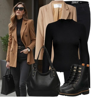 Outfit s Černá Šněrovací Kotníková Bota/Bojová Bota/Motorkářská bota/Plochá Kotníková Bota/Kotníková Bota s Podšívkou/Kožená bunda/Kožená kotníková bota/Klasická kozačka/Nezařazené Panama Jack "Podzimní outfit pro každý den"