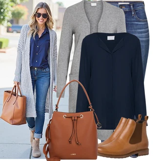 Outfit s Šedá/Tmavě šedá/Světle šedá Pletenina veľkej veľkosti/Šaty Móda Pro Plnoštíhlou/Kabát/Tunika Vila "Nápadný look na podzim"