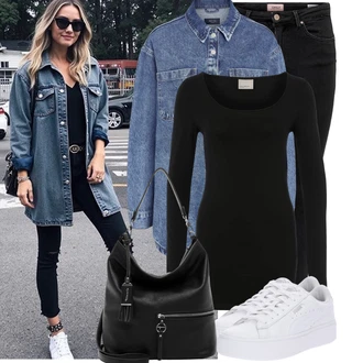 Punk Outfit s Modrá/Sv?tle modrá Noisy may "Nápadný look na podzim"Look: 90tá léta, Univerzitní, Nadrozm?rné, Punk, Pracovní od?vy