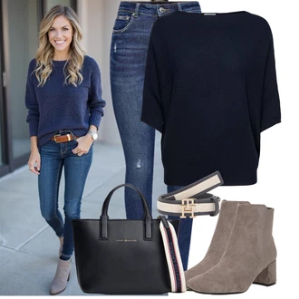 90tá léta Outfit s Modrá/Tmavě modrá Navlékací džíny/Kožené bundy/High Waist Džínové Kalhoty/Dámské Džíny s Délkou 7/8/Zimní bunda/Push up Džín/Kožené Boty/Džíny s Dírou/Džíny s Rozparkem/Kožená bunda/Kotníková Bota Only "Vkusný podzimní outfit"Look: Styl, 90tá léta, Cool, Disko, Francouzské, Moderní, Old Money