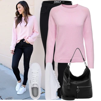 Outfit s Růžová Basic Svetr/Kašmírový Svetr/Svetr z Jemné Pleteniny/Mohair Pullover/Svetr na kojení/Svetr s Kulatým Výstřihem/Jednoduchý Svetr/Termo Svetr/Vlněný Svetr Only "Trendový podzimní outfit"