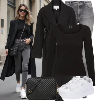 Moderní Matka nevěsty Outfit s Černá Přechodový Kabát/Vlněný kabát/Midi Kabát/Kašmírový Kabát/Trenčkot/Trenčkot/Dlouhý kabát/Letní Kabát/Vlněný Kabát Vila "Nápadný look na podzim"Look: Klasické, Šik, Cool, Francouzské, Moderní, Kancelář, Příliš oblečený, Univerzitní, Old Money