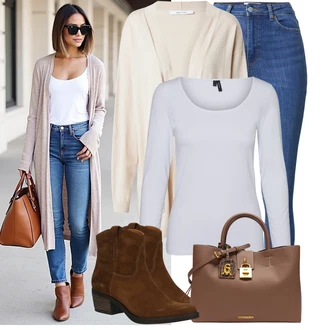 Outfit s Šedá/Krémová/Růžová/Bílá/Fialová/Stříbrný Jednoduchý top/Mužské běžecké boty/Dlouhá košile/Košile s dlouhým rukávem/Dlouhý top VERO MODA "Vkusný podzimní outfit"