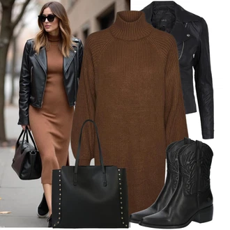 Narozeniny Podzim Outfit s Černá/Hnědá/Tmavě hnědá/Béžová Pletené Šaty/Šaty S Rolákem/Svetrové Šaty/Zimní Pletené Šaty Noisy may "Trendový Podzimní outfit"Look: Bar, 18. narozeniny, Karneval, Koncert, Chatky, Galavečer, Škola, Zvláštní příležitosti, Narozeniny