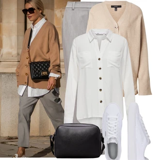 Outfit s Šedá/Béžová/Světle šedá/Hnědá Mušelínové kalhoty/Business Kalhoty/Úzká Kalhoty/Lněné Kalhoty/Chinos/Rovná Kalhoty/Kalhoty se Štěrbinou/Navlékací Kalhoty/Obleková Kalhoty/Kalhoty s nášivkou uprostřed/Bengaline Kalhoty Object "Vkusný podzimní outfit"