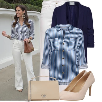 Zapínání na knoflíky Outfit s Tmavě modrá/Modrá/Pastelové barvy/Světle modrá Tunikové Tričko/Halenka Blůza s knoflíčkem/Halenka S 3/4 Rukávem/Lněná Halenka/Dlouhá Halenka/Slip-on Halenka Only "Podzimní outfit pro každý den"