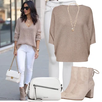 Outfit s Šedá/Bílá/Krémová/Stříbrný Džínové Legíny/Jeggings/Push up Kalhoty/Skinny Kalhoty/Tregíny next lvl "Trendový podzimní outfit"