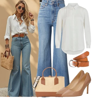 Outfit s Modrá/Světle modrá Džín s Širokou Nohavicí/Pánské tričko/Zvonové Džíny/High Waist Džínové Kalhoty/Džíny Culottes/Džíny s Rozparkem levi's ® "Podzimní Outfity"