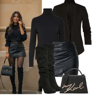 Outfit s Černá Kozačka Na Podpatku/Dlouhá Kozačka/Kozačka nad Kolena/Bota se širokým nohavici/Špičatá Kozačka/Kozačka po Kolena About You "Podzimní Outfity"