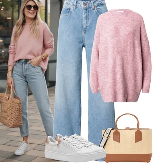 Outfit s Světle Modrá/Modrá Džín s Širokou Nohavicí/Džíny Volného Střihu/Džíny Culottes/Kožená Pánská Bund/Baggy Džíny/Vintage džíny/High Waist Džínové Kalhoty/Dad Džíny/Mom Jean jjxx "Podzimní Outfity"