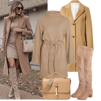 Elegantní Outfit s Hnědá/Béžová Kozačka nad Kolena/Dlouhá Kozačka/Kožená Kozačka nad Koleno/Kozačka po Kolena/Plochá Kozačka nad koleno About You "Podzimní Outfity"Look: 20 léta, Ležérní, Elegantní, Cool, Kovbojka, Příliš oblečený, Western