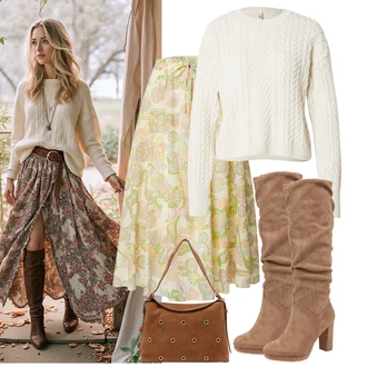 Outfit s Hnědá/Béžová/Šedá Kozačka po Kolena/Klasická kozačka/Kozačka Na Podpatku/Špičatá Kozačka/Bota se širokým nohavici/Dlouhá Kozačka About You "Podzimní Outfity"