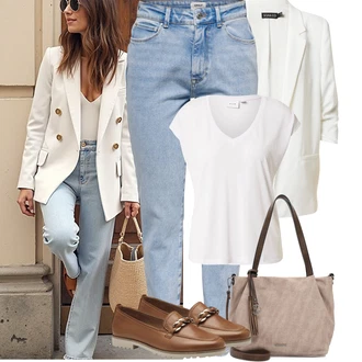 Outfit s Bílá/Krémová Tričko/Jednoduchý top/Tričko s vodopádovým výstřihem/Muskulární Tričko/Košilový top/Tričko s krátkým rukávem/Krátký top/Tričko s grafikou/Pánské boty/Zavinovací Tričko Vila "Podzimní Outfity"