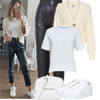 Basketbal Outfit s Bílá Nízká Teniska/Úzká teniska/Kožené tenisky/Teniska na platformě Adidas Originals "Podzimní Outfity"Look: Tenis, Baseball, Basketbal, Bruslení