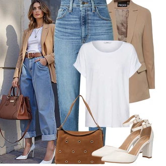 Outfity s "mom" džínami s Šedá/Bílá/Krémová Tričko/Jednoduchý top/Mužské běžecké boty/Neformální tričko/Tričko nadměrné velikosti/Košilový top/Tričko s krátkým rukávem/Krátký top Only, Bílá/Krémová Přezková bota/Letní Bota/Lodička s T-páskem/Vintage Lodička/Pohodlná lodička/Sandál Na Širokém Podpatku/Sandál Na Podpatku/Sandál s podpatkem/Boty Mary Jane About You "Podzimní Outfity"