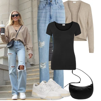 Outfit s Černá Tričko/Jednoduchý top/Neformální tričko/Fancy tričko/Funkční tričko/Pletené tričko/Síťované tričko/Tričko s krátkým rukávem/Sportovní tričko/Mužské běžecké boty VERO MODA "Podzimní Outfity"