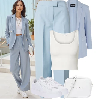 Outfit s Světle modrá/Modrá Mušelínové kalhoty/Plisovaná kalhoty/Kalhoty se Štěrbinou/Kalhoty s nášivkou uprostřed/Business Kalhoty/Široká Kalhoty/Culotte Kalhoty/Plisovaná Kalhoty/Marlene Kalhoty/Kalhoty s Vysokým Pasem/Obleková Kalhoty about you x iconic by tatiana kucharova "Podzimní Outfity"