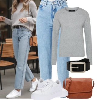 Outfity z džínu Párty s Šedá/Světle šedá Svetry 2 v 1/Basic Svetr/Svetr Carmen/Kašmírový Svetr/Svetr z Jemné Pleteniny/Jednoduchý Svetr/Termo Svetr/Svetr s límečkem VERO MODA "Podzimní Outfity"Look: Bar, Koncert, Galavečer, Párty, Škola, Zvláštní příležitosti