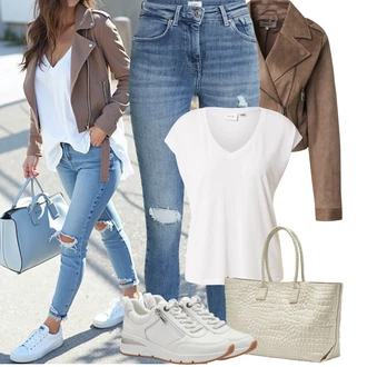 Midi Outfit s Bílá/Šedá/Krémová Teniska Kožené Tenisky/Tenisky s Bočním Zipem Tamaris "Podzimní Outfity"