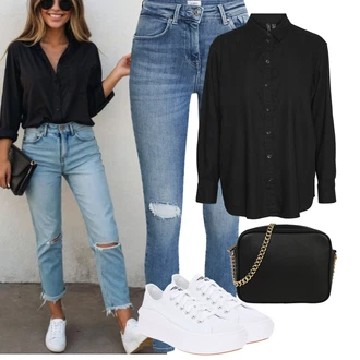 Zapínání na knoflíky Outfit s Černá/Tmavě hnědá Halenka se Stojatým Límcem/Oversize Muselínová Blůza/Lněná Halenka/Blůza s nášivkou na lokti/Oversize Halenka/Dlouhá Halenka/Tunikové Tričko/Blůza s knoflíčkem VERO MODA "Podzimní Outfity"