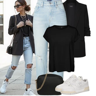 Outfit s Černá Tričko/Jednoduchý top/Tričko s vodopádovým výstřihem/Funkční tričko/Síťované tričko/Tričko s krátkým rukávem/Krátký top/Sportovní tričko/Zavinovací Tričko VERO MODA "Podzimní Outfity"