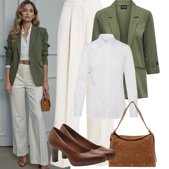 Katoen Bavlna Outfit s Bílá Halenka Blůza s nášivkou na lokti/Slip-on Halenka/Žehlení odolná blůza/Halenka se Stojatým Límcem/Blůza s knoflíčkem/Halenka S 3/4 Rukávem/Businessová Halenka About You "Podzimní Outfity"