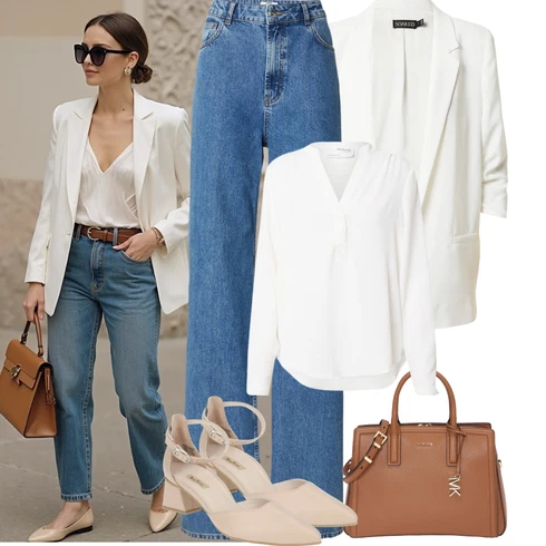 Kombinace Bílá/Krémová Blůza s knoflíčkem/Halenka se Stojatým Límcem/Halenka s Dlouhým Rukávem/Oversize Halenka/Slip-on Halenka Selected kombinovat s Modrá/Světle modrá Zvonové Džíny/Džín s Širokou Nohavicí/Vintage džíny/Baggy Džíny/Dad Džíny/High Waist Džínové Kalhoty/Džíny Volného Střihu/Džíny s Rozparkem rÆre by lorena rae