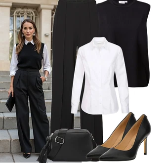 Outfit s ?erná/Tmav? modrá Vest Bl?zový svetr/Jemn? Pletený Svetr SAINT TROPEZ "Podzimní Outfity"