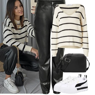 Outfit s Černá/Bílá/Oranžová Vinylové Kalhoty/Kalhoty z Umělé Kůže/Kožená Kalhoty Noisy may "Podzimní Outfity"